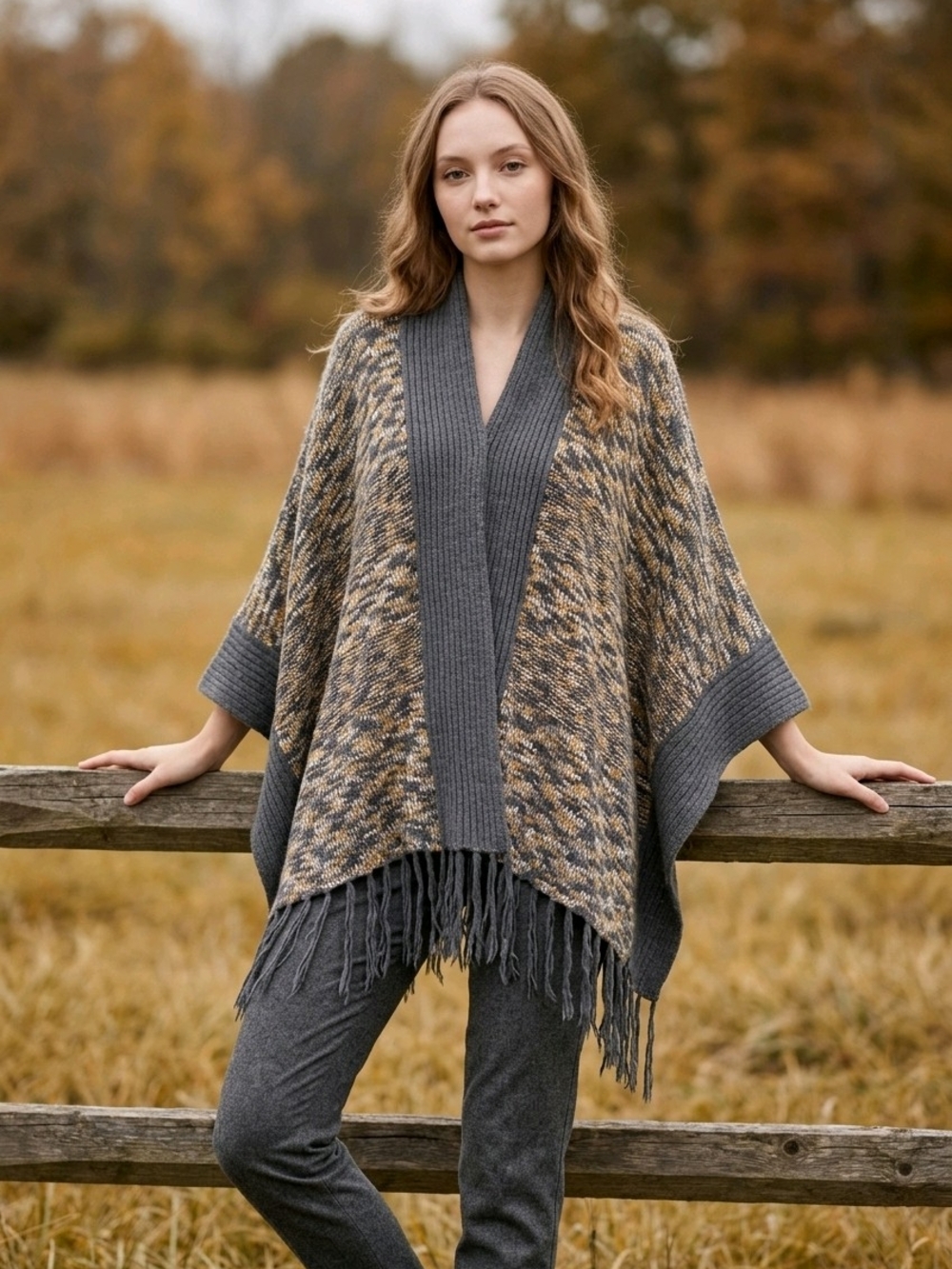 Anthropologie Willow & Clay Gray and Tan Fringe Knit Poncho